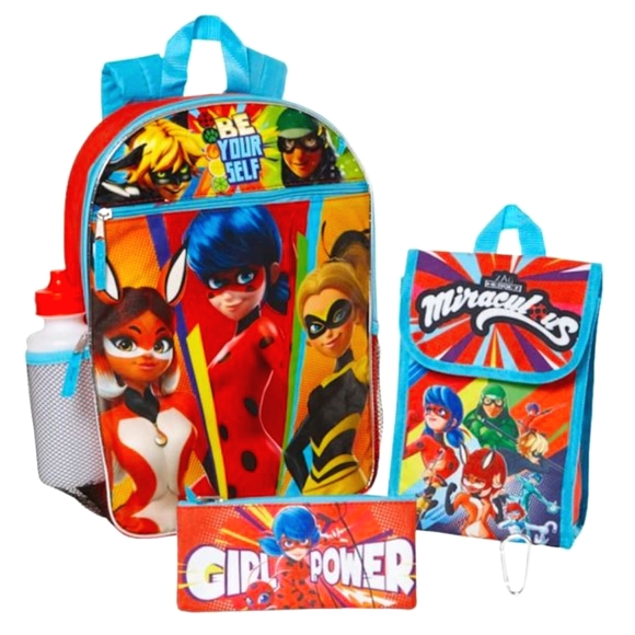 Miraculous Ladybug 5pc Backpack Set Lunch Box Girls School Bag Case Bottle 16" - Picture 1 of 9
